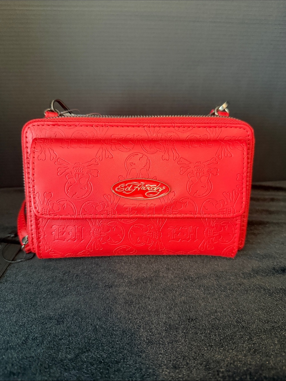 Ed Hardy Red Embossed Crossbody Wallet